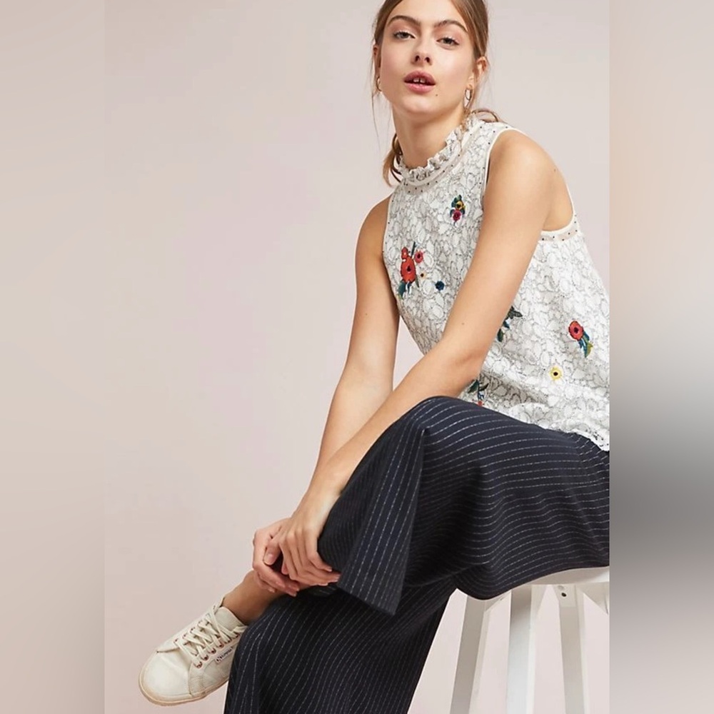 Anthropologie Maeve Macie Top - White Lace Floral Embroidered